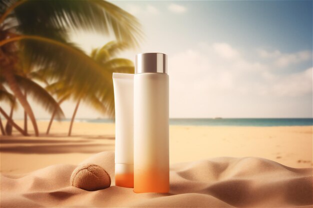 Crème solaire protectrice en bouteille plastique parfaite pour une journée de détente sur la plage de sable tropicale