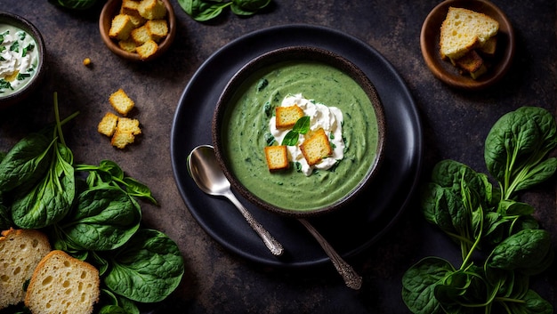 Crème de soupe d'épinards sur un vieux fond