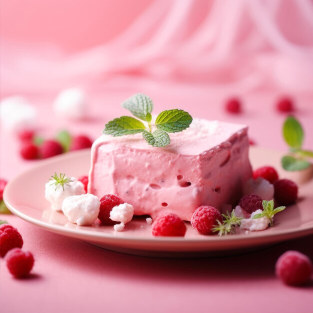 Photo crème de zéphir de framboise avec des framboises fraîches et de la menthe sur fond rose