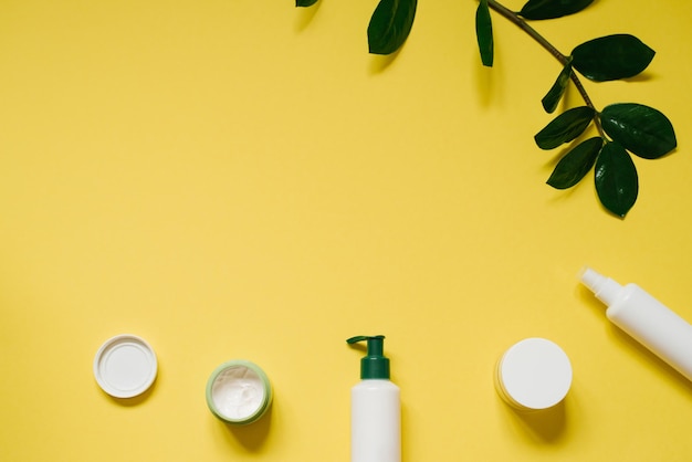 Crèmes à base de plantes naturelles dans des bouteilles et des bocaux avec des feuilles vertes sur fond jaune avec espace de copie Le concept d'un produit cosmétique biologique naturel Position plate vue de dessus