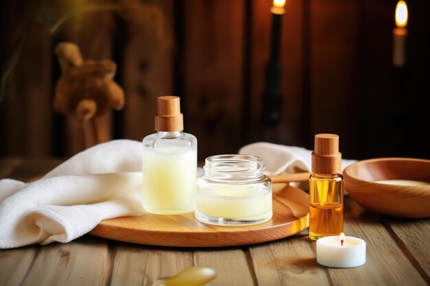 Photo crèmes de soins de la peau avec des bouteilles goutte-à-goutte sur une table en bois de chêne créées avec des ai génératives