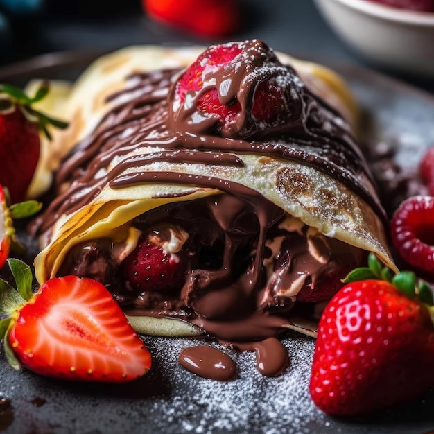 Une crêpe au chocolat avec des fraises sur le dessus