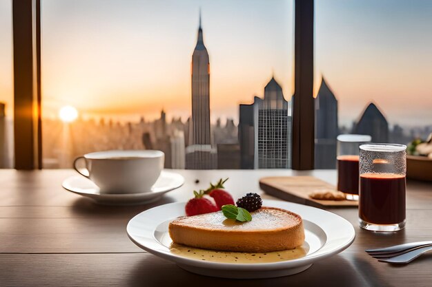 Une crêpe aux fruits sur une assiette et une tasse de café.