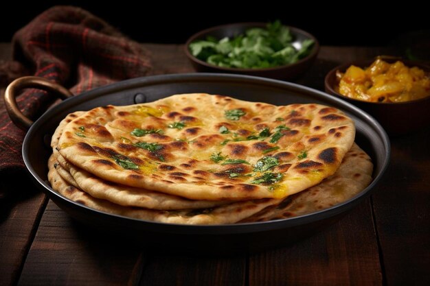 Photo une crêpe avec une casserole de pizza et une assiette de nourriture dessus