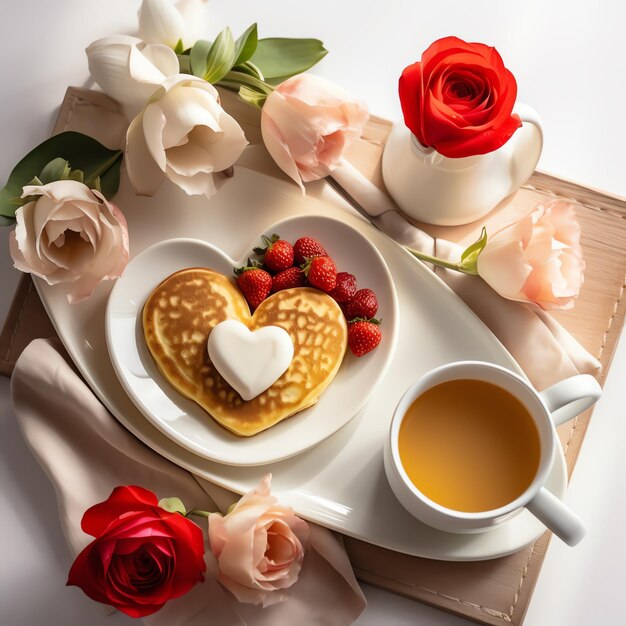 une crêpe en forme de cœur avec des fraises et une tasse de thé