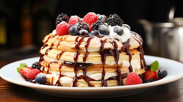 Crêpe fraîchement cuite au four avec sauce au chocolat et fruits faits maison