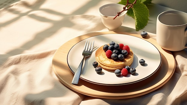 Crêpe myrtille framboise noire dans une assiette en céramique blanche, nappe douce avec fourchette et espace au soleil