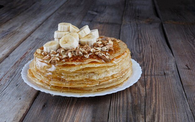 Crêpe, pile, petit déjeuner, assiette, nourriture, sucré, noix