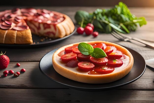 Une crêpe avec une tarte et une assiette de légumes sur la table