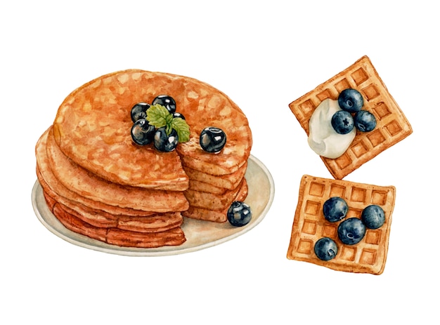 Crêpes Aquarelles, Gaufres Aux Bleuets Et Crème Isolés