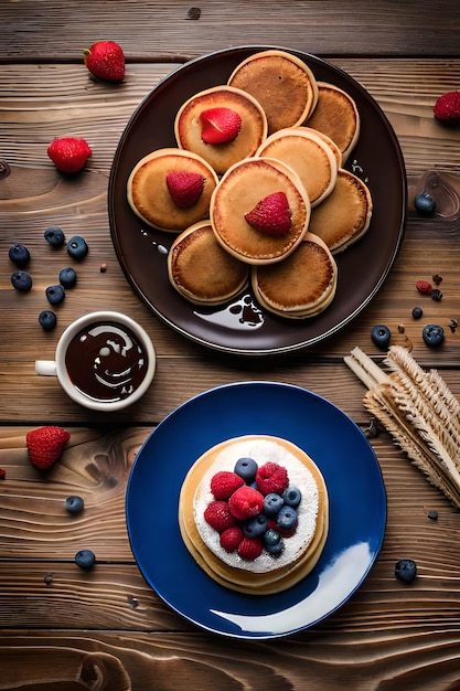 Crêpes sur une assiette avec une tasse de café et une myrtille sur le côté