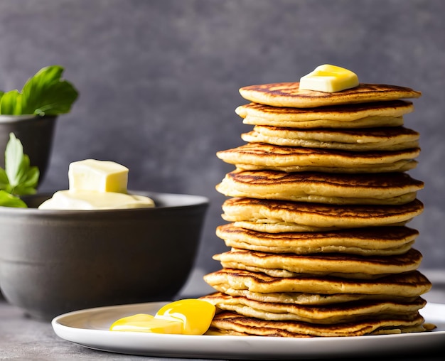 Crêpes au miel et thé sur une vue de dessus de plaque blanche