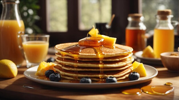 des crêpes au petit déjeuner sur une assiette avec du miel et des baies