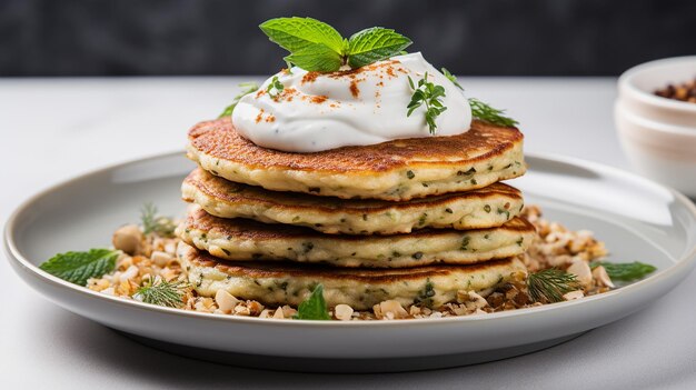 Crêpes au quinoa et à la crème sure sur une assiette