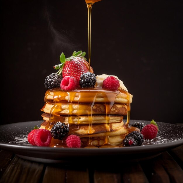 crêpes au sirop et aux baies sur fond noir.