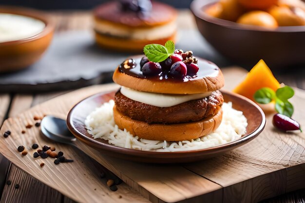 Crêpes au sirop et fruits sur une assiette