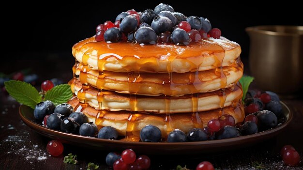 crêpes au sirop sucré fondu avec des morceaux de fruits sur la table avec un arrière-plan flou