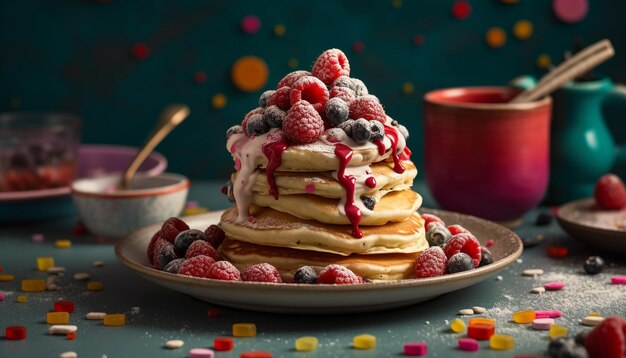 Crêpes aux baies fraîches avec sauce au chocolat et aux framboises générées par l'IA