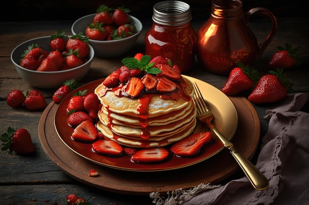 Crêpes aux fraises avec des baies pour le petit-déjeuner sur une assiette le jour des crêpes créées avec une IA générative