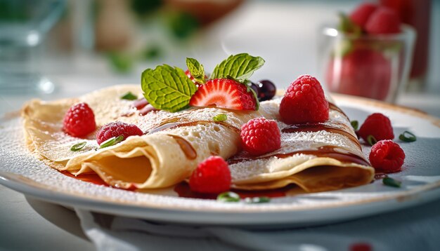 Photo crêpes aux framboises et fromage à la crème sur une assiette