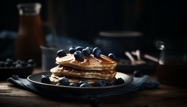 Crêpes aux myrtilles fraîchement cuites au four avec du sirop fait maison sur une table en bois rustique générée par l'IA