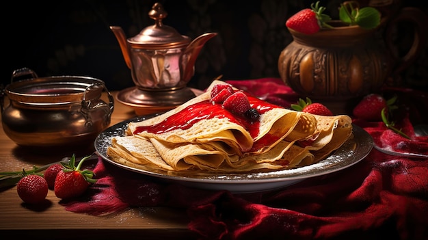 Crêpes aux pêches avec confiture et fraises