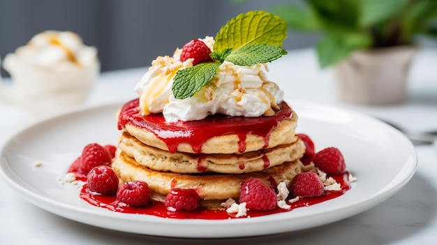 Crêpes à l'avoine avec fromage cottage à la banane et confiture sur le dessus