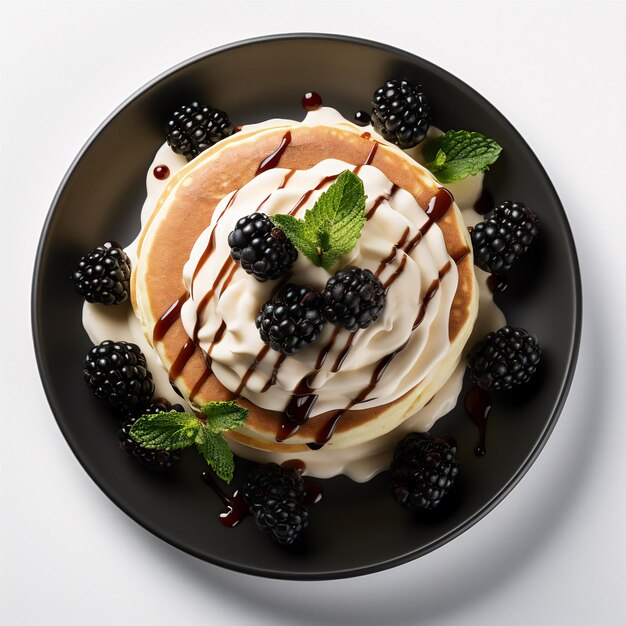 Photo des crêpes avec des baies et du chocolat isolées sur un fond blanc générées par l'ia