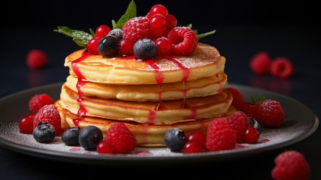 Des crêpes avec des baies fraîches et du sirop d'érable sur un fond noir