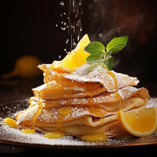 crêpes classiques arrangées surmontées de ciseaux de citron frais et de sucre en poudre dans une présentation visuellement séduisante IA générative