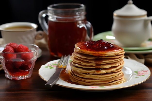 Crêpes à la confiture de fraises et tasse de thé