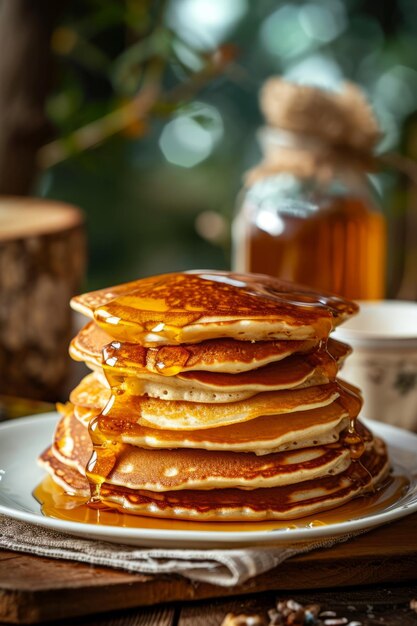 Des crêpes délicieuses avec du beurre et du sirop sucré.