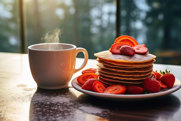 Des crêpes délicieuses avec du miel et des framboises.