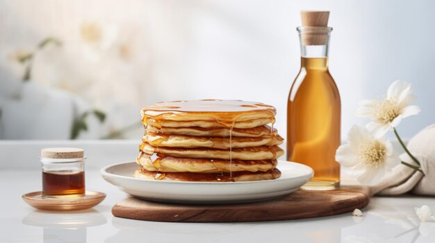 Des crêpes délicieuses et du sirop d'érable Combination alimentaire Photoréaliste Illustration horizontale Petit petit déjeuner moelleux et sucré Ai Illustration lumineuse générée avec des crêpes aromatiques et du syrop d' érable