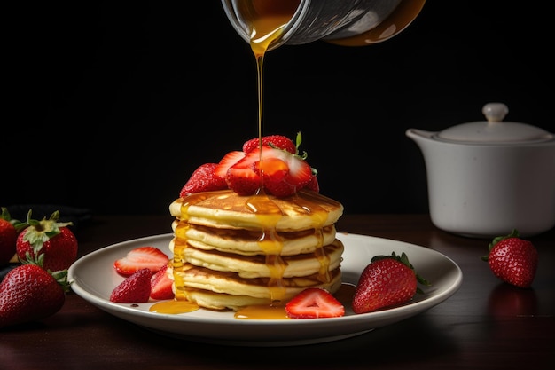 Des crêpes dorées appétissantes, des fraises et du sirop génératifs IA