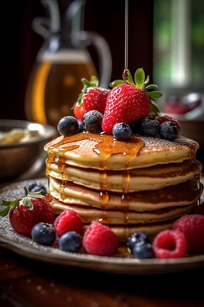 des crêpes avec du sirop et des baies sur une assiette avec une tasse de thé.