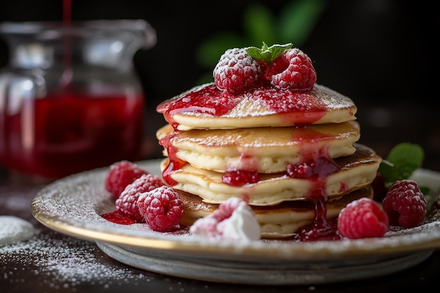 des crêpes avec du sirop et des baies sur une assiette