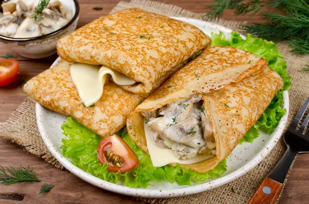 Crêpes farcies aux champignons et fromage à la crème