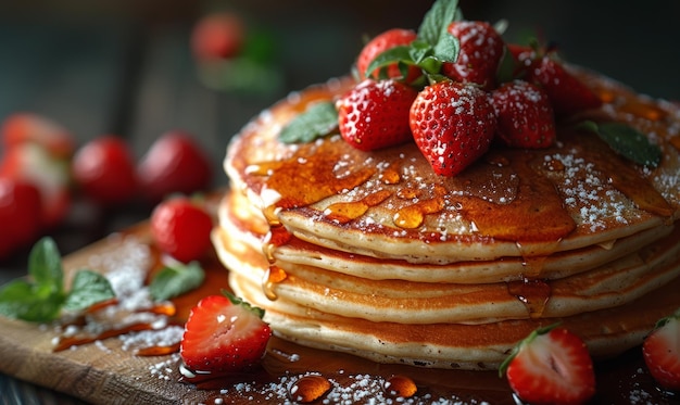 Des crêpes avec des fraises et du sirop d'érable sur fond sombre