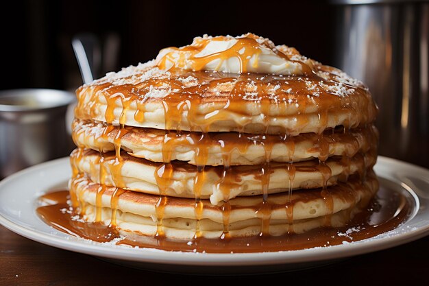 Photo des crêpes moelleuses empilées en hauteur arrosées de sirop d'érable un petit déjeuner américain cordial favori ar c v