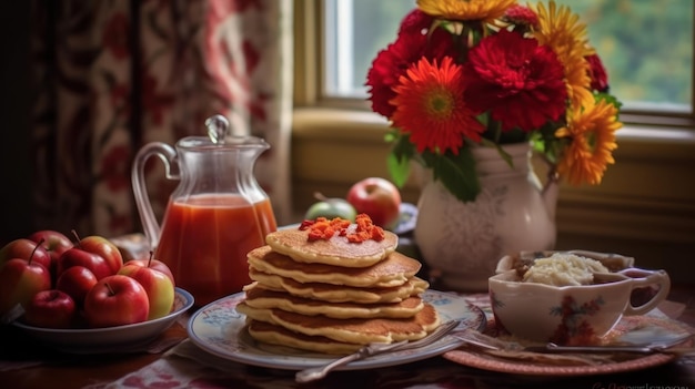 Des crêpes de petit déjeuner maison confortables avec de la sauce aux pommes, des plats vintage, un bouquet de dahlias sur une nappe rétro sur une table en bois.