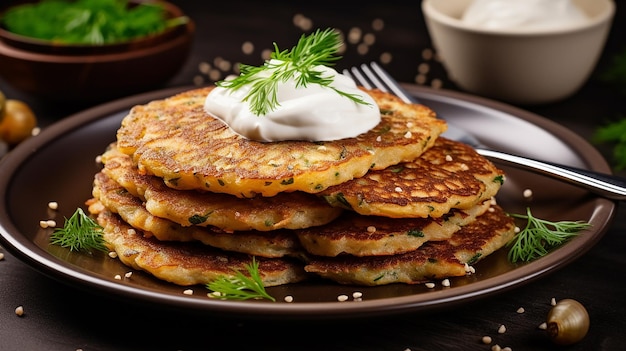 Crêpes de pommes de terre au sarrasin avec crème sure sur une assiette