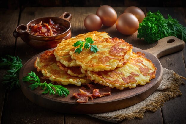 Crêpes de pommes de terre à croûte croustillante dorée servies avec du bacon pour un délicieux petit-déjeuner