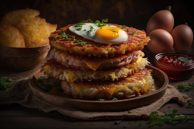 Crêpes de pommes de terre dorées croustillantes avec escalopes de viande, fromage et œuf