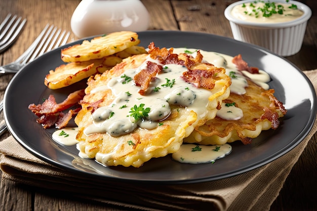 Crêpes de pommes de terre maison avec bacon frit et sauce à la crème sur plaque blanche