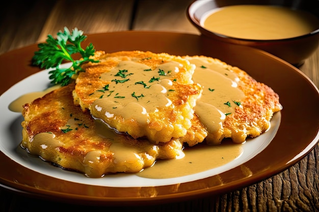 Crêpes de pommes de terre maison avec croûte brune frite et sauce au beurre