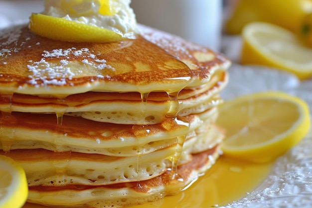 Des crêpes à la ricotta au citron empilées avec du sirop et du beurre