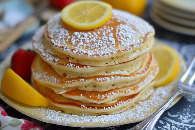 Des crêpes à la ricotta au citron empilées avec du sirop et du beurre