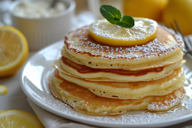 Des crêpes à la ricotta au citron empilées avec du sirop et du beurre