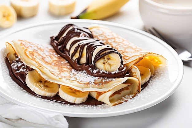 Photo des crêpes russes avec des bananes sur assiette et de la sauce au chocolat fondu